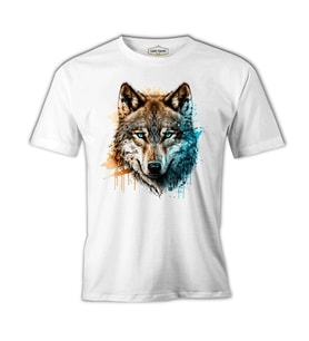 A Wolf with Blue and Yellow Paint Beyaz Erkek Tshirt