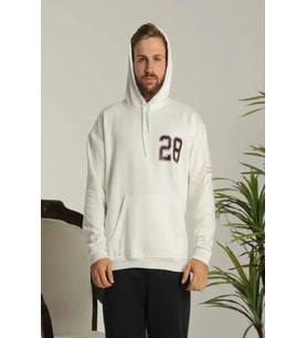Erkek Sırt Baskılı Oversize Üç İplik Kapüşonlu Sweatshirt - Beyaz
