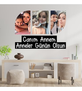 Anneler Gününe Özel Canım Annem Yazılı Oval Eğilimli 3 Fotoğraflı Kolaj Ahşap Tablo