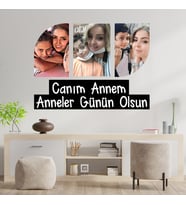 Anneler Gününe Özel Canım Annem Yazılı Oval Eğilimli 3 Fotoğraflı Kolaj Ahşap Tablo