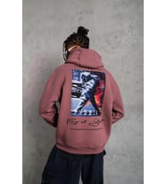 Erkek 3 İplik Pamuklu Kapüşonlu Baskılı Cepli Oversize Sweatshirt Hoodie - Gül Kurusu