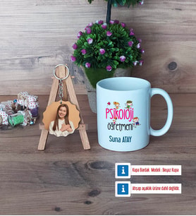 Psikoloji Öğretmeni Kupa Bardak Beyaz ve Fotoğraflı Ahşap Anahtarlık Hediye (Model 1)
