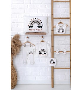 Pia Baby Premium %100 Pamuk İsme Özel Erkek Bebek Hediye Seti Zıbın Yastık Kılıfı 5085-06 (Ekru)