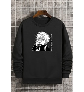 Unisex Killua Zoldyck Baskılı Bisiklet Yaka Sweatshirt (Siyah)