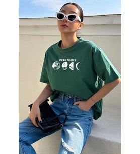 Unisex Moon Phases Baskılı T-shirt (Yeşil)
