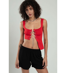 Sifu Tekstil Kadın Spor Omuzdan Zincirli, Kuş Gözü Zincir Bağlamalı Triko Atlet Büstiyer Crop Top SFYZ1016 (Kırmızı)