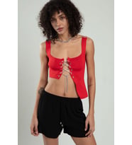 Sifu Tekstil Kadın Spor Omuzdan Zincirli, Kuş Gözü Zincir Bağlamalı Triko Atlet Büstiyer Crop Top SFYZ1016 (Kırmızı)