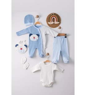 Ayıcık Nakışlı Tulumlu % 100 Pamuk Erkek Bebek 5'li Set (Mavi)