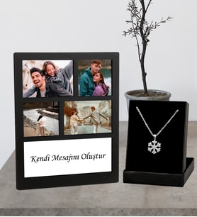 Kişiye Özel 4 Fotoğraflı Kolaj Ahşap Çerçeve Ve Gümüş Kartanesi Kolye