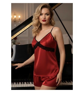 #FanteziBabydoll Kalite Penye Kumaş Rahat Kadın Gecelik Kırmızı Saten Babydoll Şortlu Takım