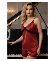 #FanteziBabydoll Kalite Penye Kumaş Rahat Kadın Gecelik Kırmızı Saten Babydoll Şortlu Takım