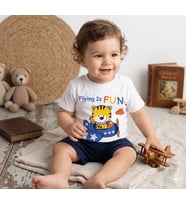 Erkek Bebek Flying Is Fun Baskılı Tişört Şort Takımı 6-18 Ay (Ekru)