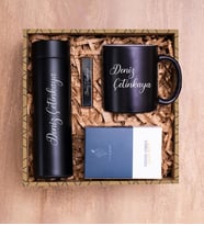 Kişiye Özel 450 ML Siyah Dereceli Termos, USB Elektronik Çakmak, Kupa Bardak, Bitki Çayı