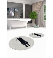 EVDEYA Dijital Yıkanabilir Sevimli Kedi İkili Banyo Halısı Paspas Yuvarlak Klozet Takımı, YKLOZET-39-GRİ, (Gri)