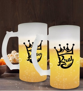 BK Gift Kişiye Özel Kral ve Kraliçe Tasarımlı 2’li Buzlu Cam Bira Bardağı 50cl-1 (Beyaz)