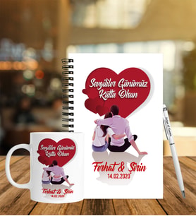 Sevgililer Gününe Özel Ahşap Defter Kalem & Kupa Hediye Seti 1