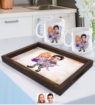 BK Gift Kişiye Özel Sevgililer Karikatürlü Doğal Ahşap Tepsi ve 2’li Kupa Bardak Seti-56