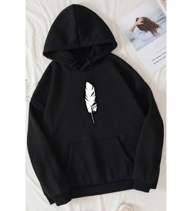 Unisex Tüy Baskılı Sweatshirt (Siyah)