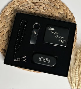 Özel Erkeklere Lüks Kutulu Sigara Tabakası & Orjinal Kutulu Büyük Boy Clipper Çakmak Tespih Deri Anahtarlık Hediye Seti LK79