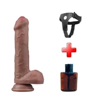 20.5 cm Realistik Çift Katmanlı Yeni Nesil Vantuzlu Belden Bağlamalı Melez Dildo Penis (Koyu Kahverengi)