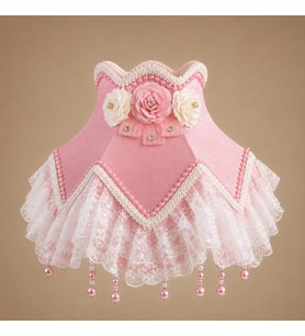 Pembe Kadife Kaplı Beyaz Dantelli El Yapımı Çiçek Dekorlu Abajur Şapkası 27x25cm