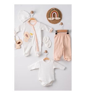 3 Ay Kelebek Nakış Tulumlu Erkek Bebek 5'li Set Kahverengi