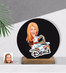 BK Gift Kişiye Özel Kadın Patron Karikatürlü Yuvarlak Ahşap Biblo-6