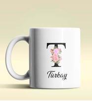 Kişiye Özel T Harfi Temalı Çiçekli Tasarım Beyaz Renk Kupa