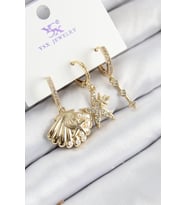 Pirinç Zirkon Taşlı 3'Lü İstiridye Yıldız Model Gold Renk Kadın Küpe - Tj-Bkp11144