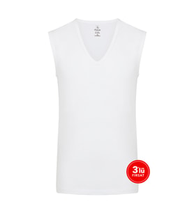 Erkek Modal Derin V Yaka Kolsuz Tshirt 3'lü Paket - Beyaz