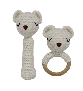 Amigurumi Sevimli Ekru Ayı Diş Kaşıyıcı Çıngıraklı Organik Oyuncak 2'li Set (Standart)