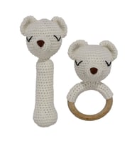 Amigurumi Sevimli Ekru Ayı Diş Kaşıyıcı Çıngıraklı Organik Oyuncak 2'li Set (Standart)