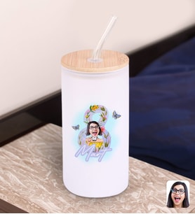 BK Gift Kadınlar Gününe Özel Karikatürlü Beyaz Renk Pipetli Buzlu Cam Bardak 600ml - 3, 8 Mart Kadınlar Günü