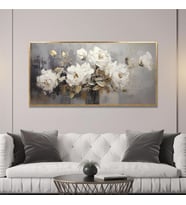Yağlı Boya Dokulu Tablo Vazoda Beyaz Modern Çiçekler Altın Çerçeveli U02035
