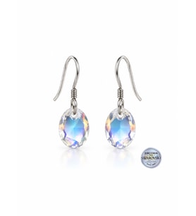 925 Ayar Swarovski Taşlı Luna Oval 11 mm Crystal AB Kadın Sallantılı Gümüş Küpe