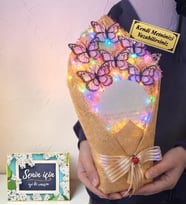 Kişiye Özel Hediye Renkli Işıklı Aynalı Büyük Boy Premium Kelebek Buketi (Beyaz)