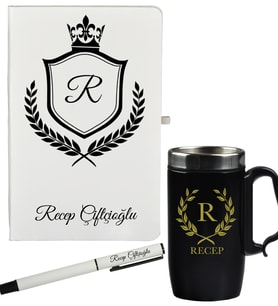 Kişiye Özel Tasarım Hediye Defter Kalem Ve Siyah Termos Mug Seti