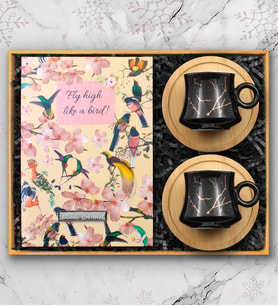 Kişiye Özel Kuş Motifli Defter & 2'li Bambu Altlıklı Mermer Desen Siyah Türk Kahve Fincanı Hediye Seti