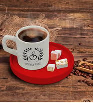 BK Gift Kişiye Özel Kırmızı Sunum Tabaklı Çelenk Baş Harfli İsimli Türk Kahvesi Fincanı Model 4