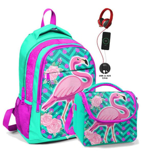 Coral High Okul Sırt Çantası ve Beslenme Çantası Seti - Kız Çocuk Pembe Flamingo - USB Soketli