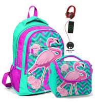 Coral High Okul Sırt Çantası ve Beslenme Çantası Seti - Kız Çocuk Pembe Flamingo - USB Soketli