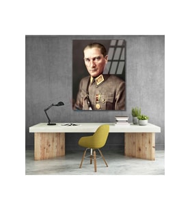 Uniformalı Atatürk Portresi Mustafa Kemal Atatürk Cam Tablo Modeli Ev Ofis Dekoru
