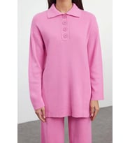 Tarz Kadın Modern Moda Normal Bel Geniş Paça V Yaka Polo Yaka Ftilli Triko Alt-Üst Takım (Pembe)