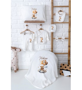 Pia Baby Premium İsim Baskılı Yenidoğan Erkek Bebek Hediyelik %100 Pamuk Set 5063-02 (Ekru)