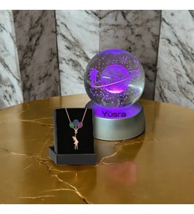 Kişiye Özel Satürn Kız Küre Dolunay Lamba Kristal Top Ve Uçan Balonlu Kız Kolye