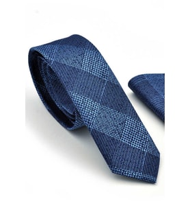 Mavi Lacivert Ekose Desenli Dokuma Kumaş Mendilli Slim Fit Kravat  / SDK-220708 (Renksiz)