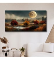 Panoramik Kanvas Duvar Tablosu Dolunay ve Doğa Manzarası