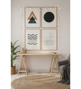 Minimal Geometrik 4’lü Ahşap Çerçeveli Tablo Seti - Modern Çalışma Odası Dekoru