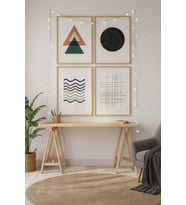 Minimal Geometrik 4’lü Ahşap Çerçeveli Tablo Seti - Modern Çalışma Odası Dekoru