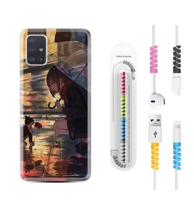 Samsung a71 A72 A73 A7 A9 2018 C7 C9 Kılıf Kablo Koruma Spiral Silikon Kız ve Kedi 1762
